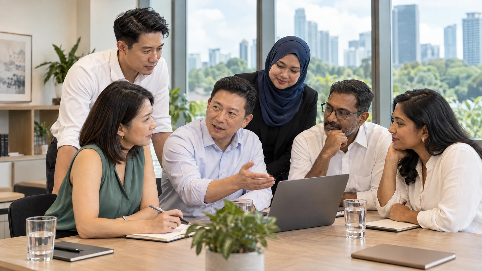 Chinese, Malay and Indian Singaporean professionals discussing workplace priorities in an office.
