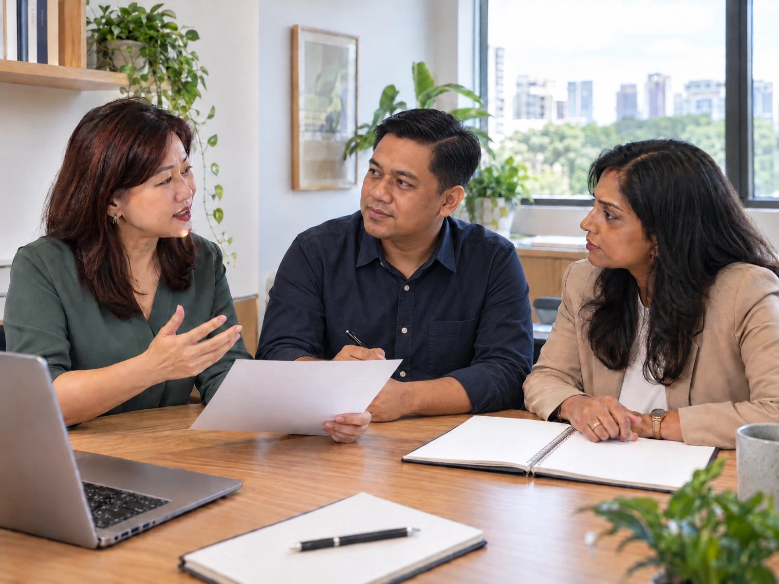 Singaporean HR adviser in a discussion with SME leaders around a meeting table.