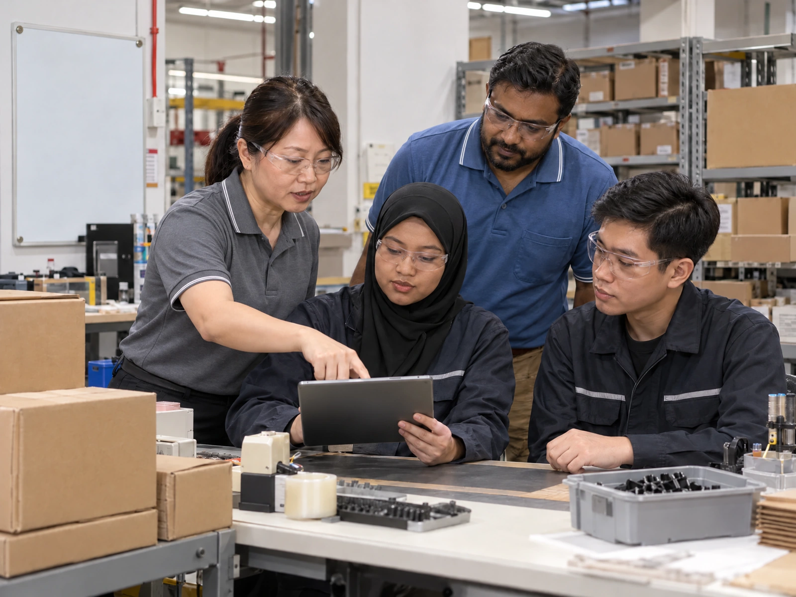 Singaporean employees receiving tablet-supported on-the-job training at a workbench.